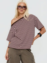 Settle Down One Shoulder Top Pink / Chocolate Stripe