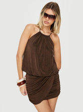 Somilla Ruched Halter Mini Dress Chocolate