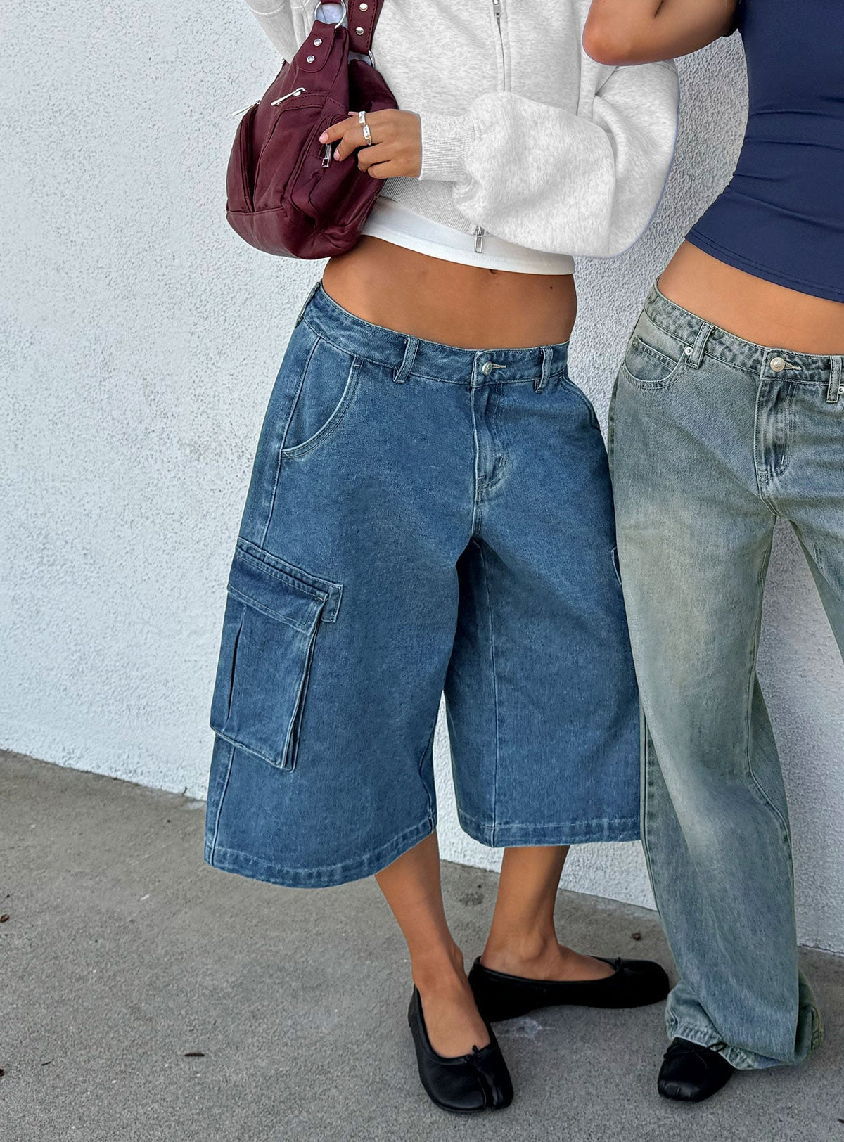 Hudsen Longline Cargo Denim Jorts Mid Blue Wash