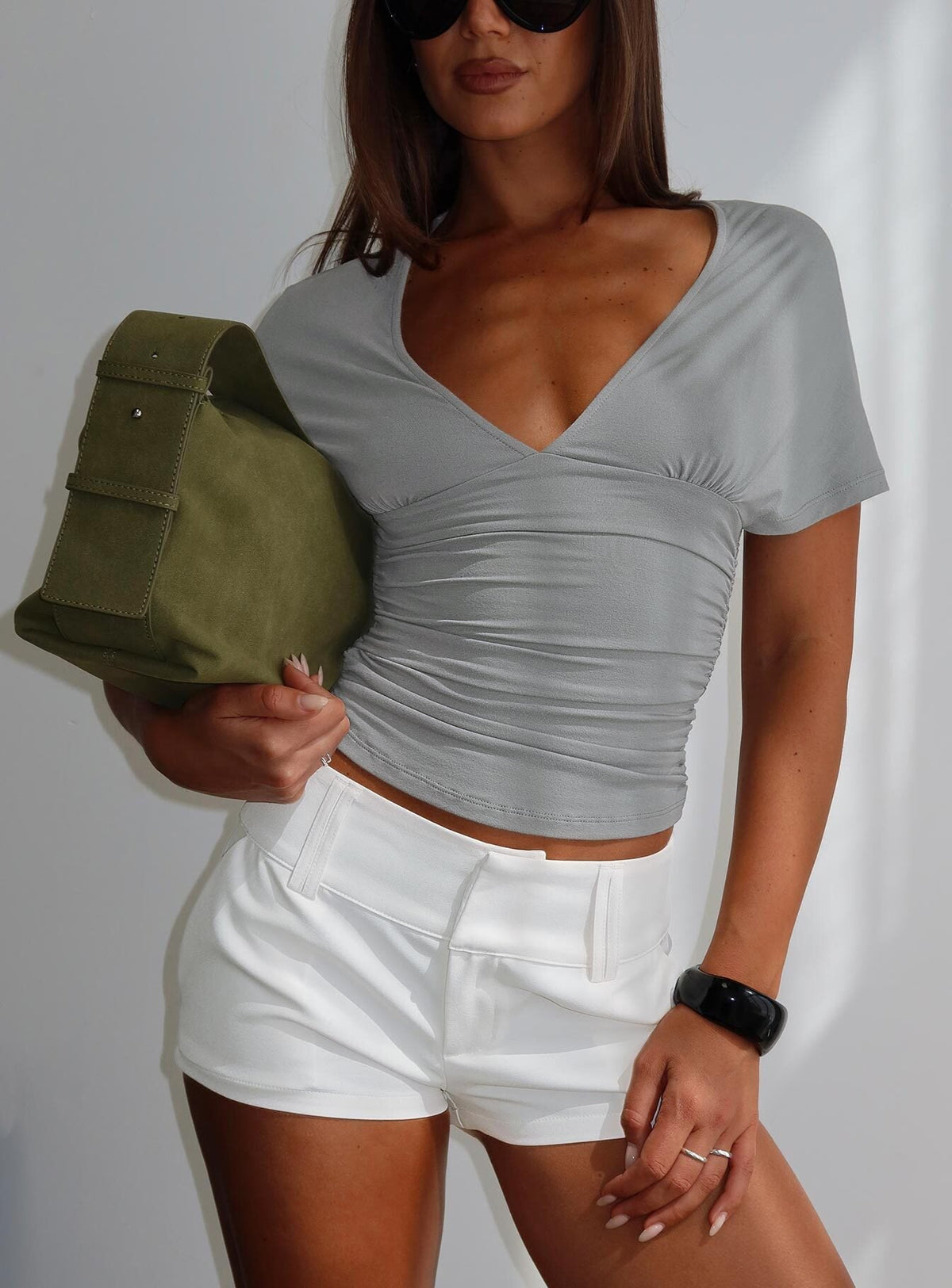 Osari Ruched Short Sleeve Jersey Top Grey