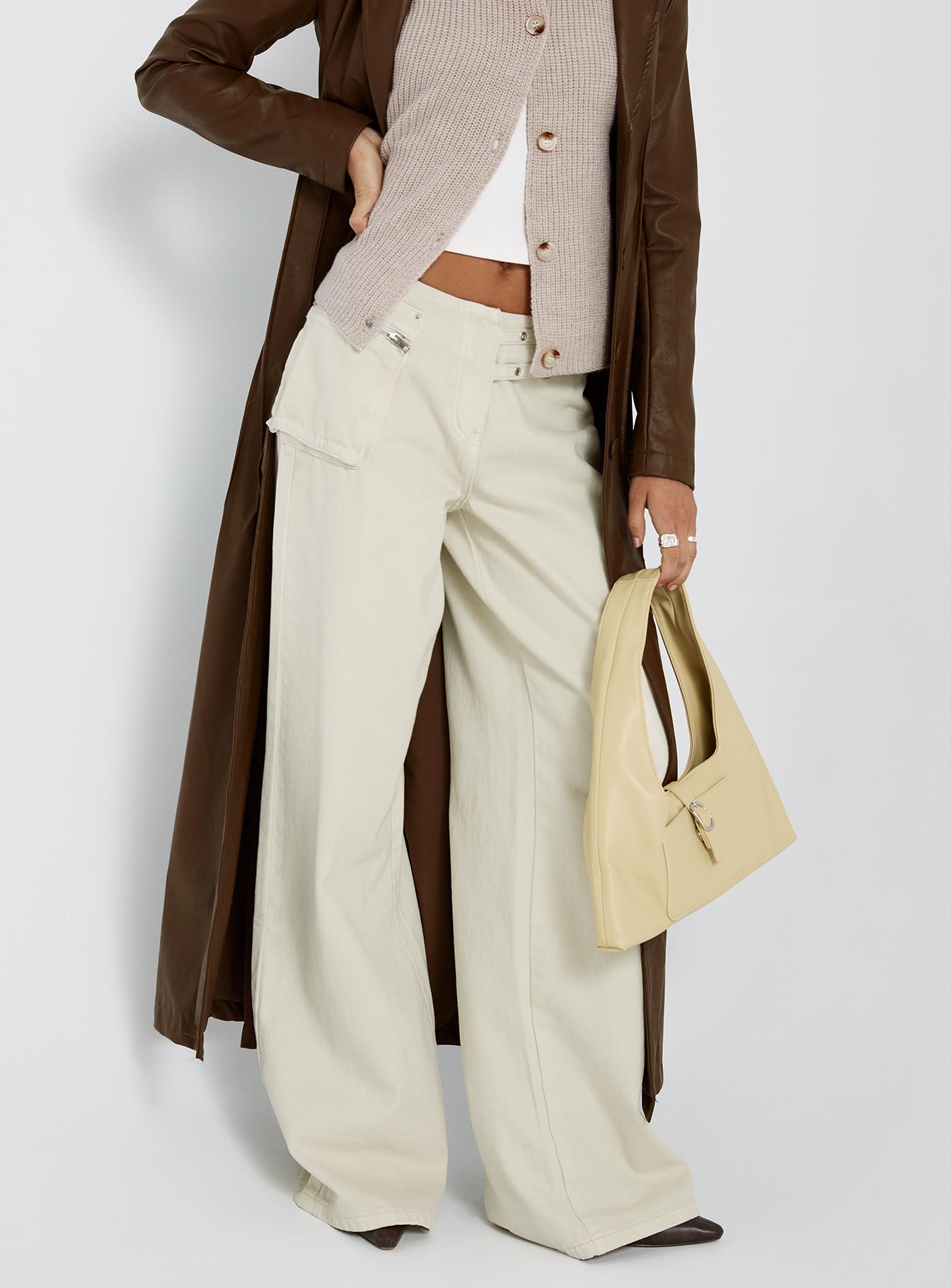 Paltrow Mid Rise Wide Leg Cargo Jeans Cream Petite