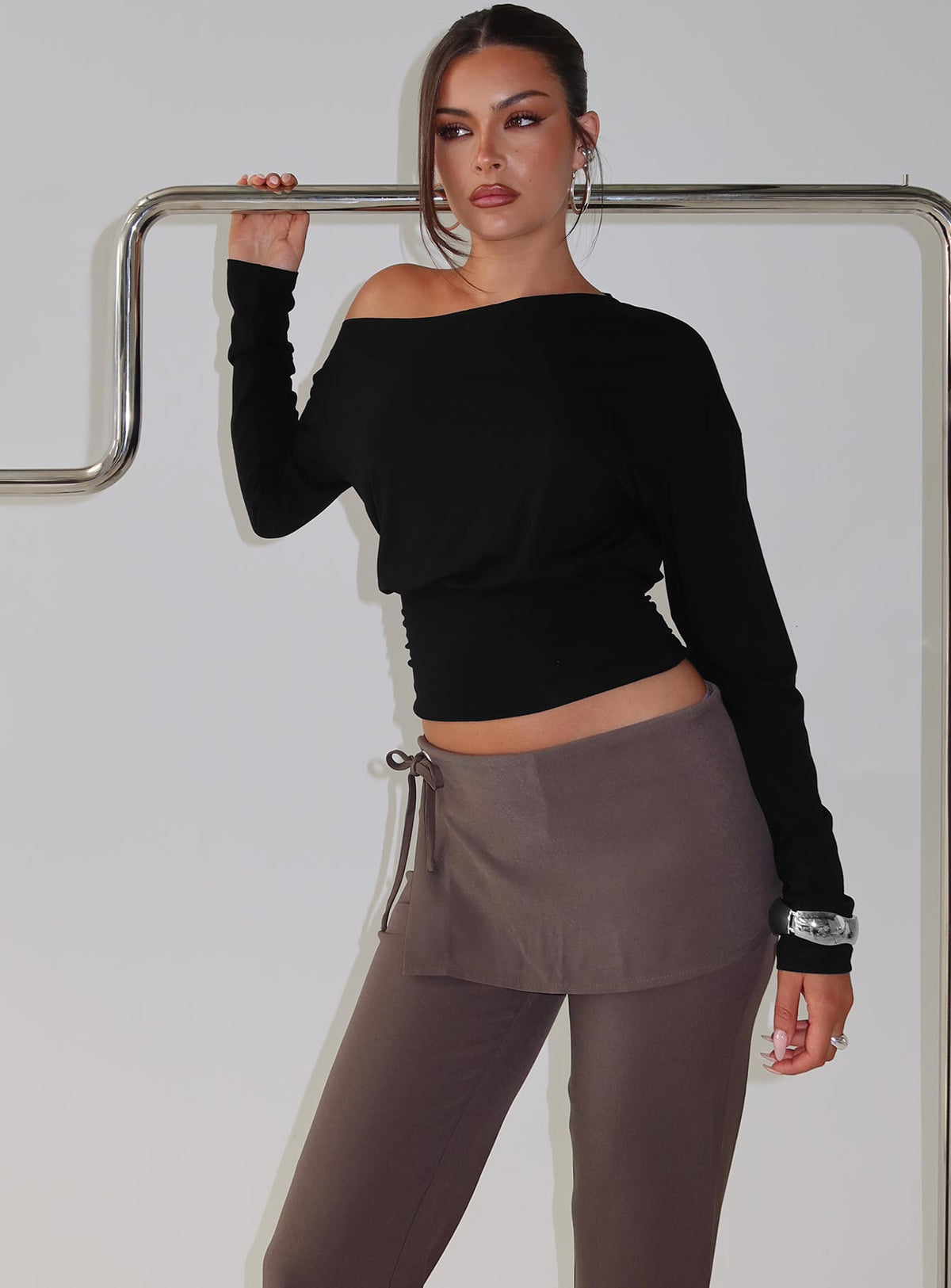 Ashlinn Off Shoulder Long Sleeve Drapey Top Black