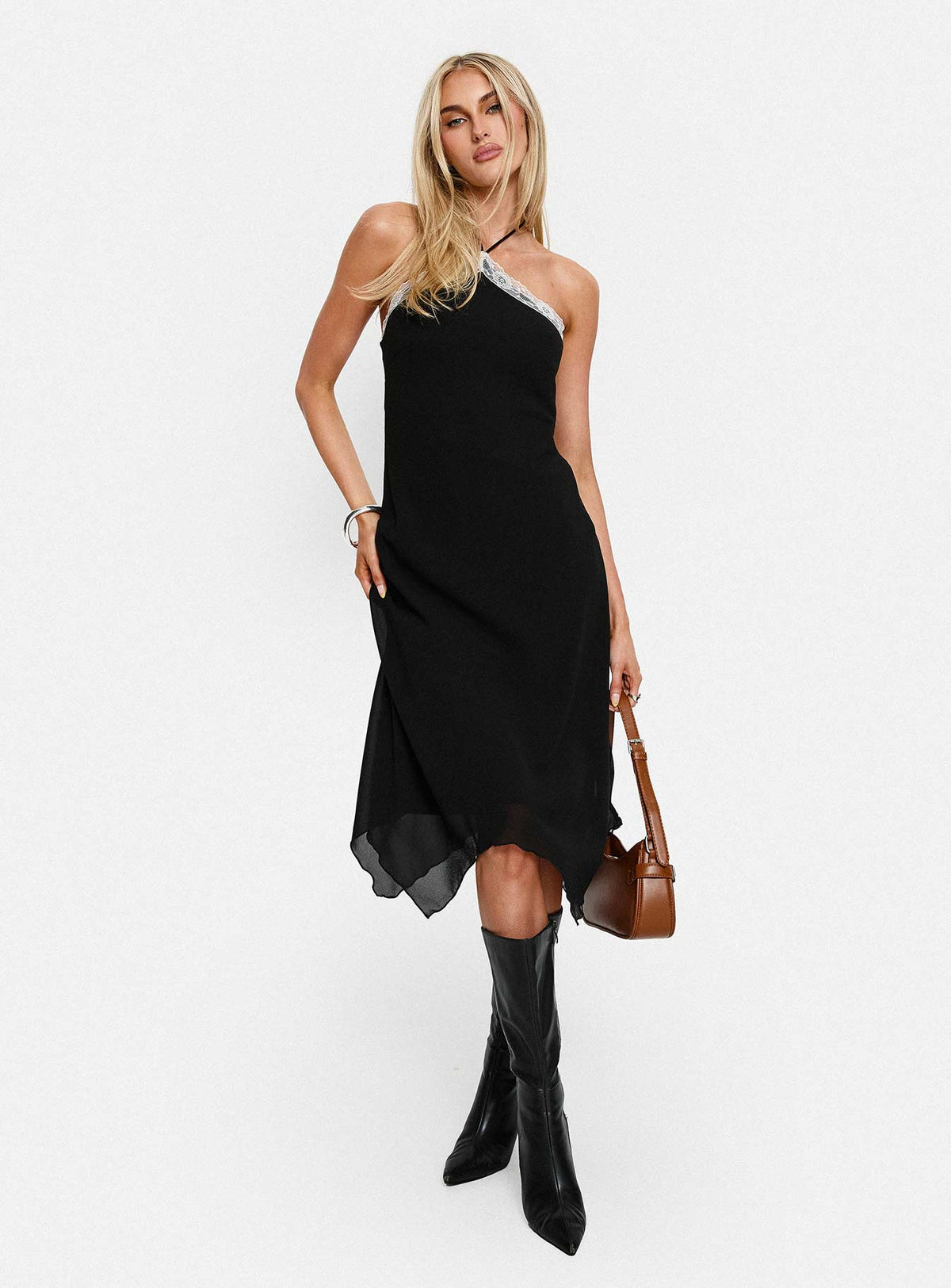 Naila Halter Lace Trim Midi Dress Black