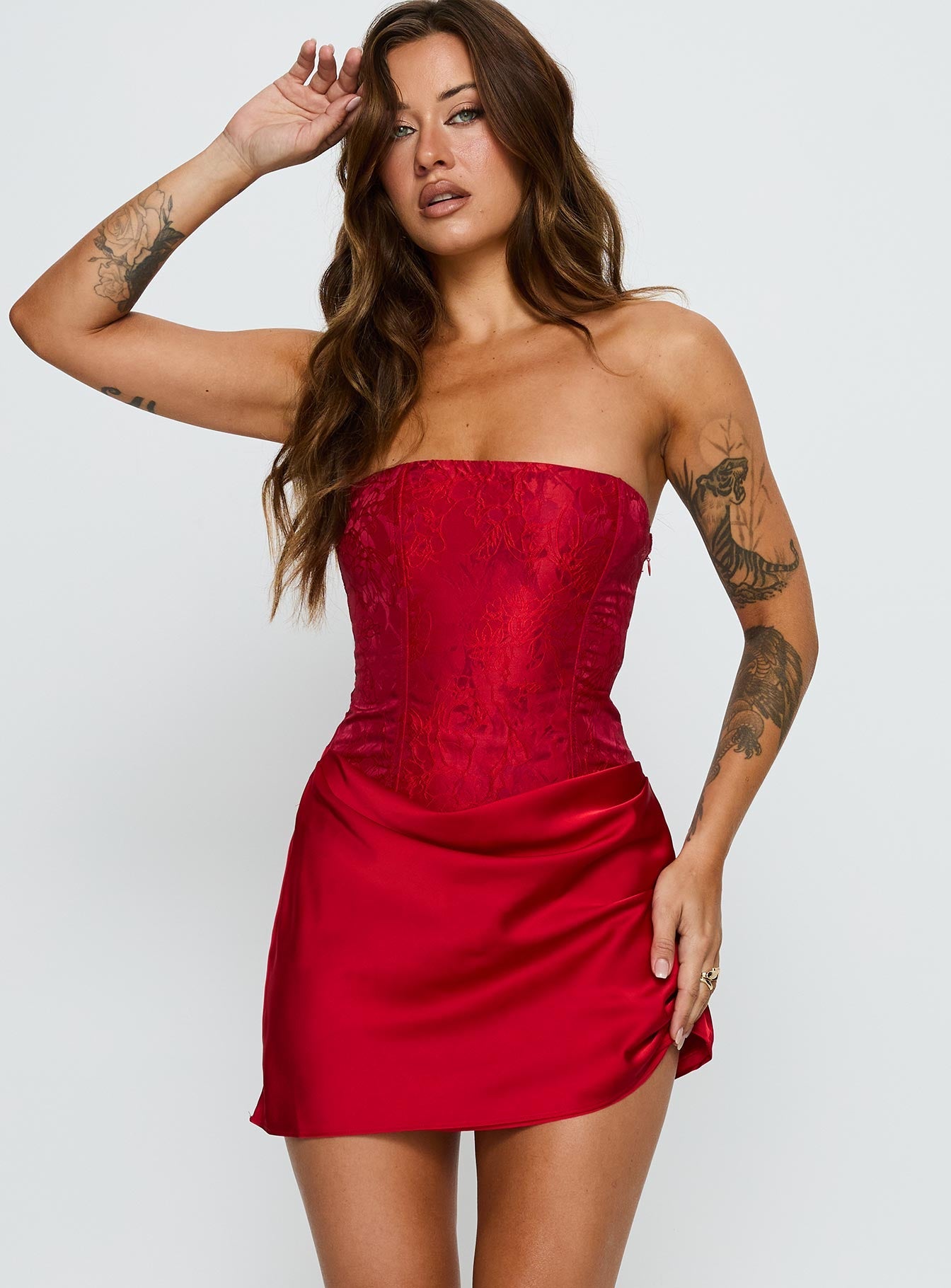 Jenevieve Strapless Drape Mini Dress Red