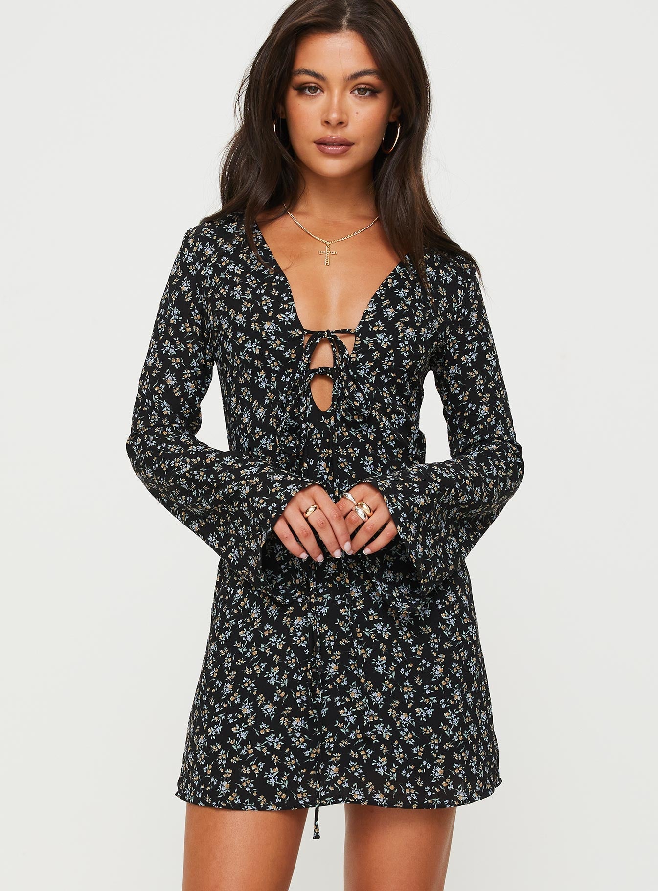 Malop Long Sleeve Mini Dress Black Floral