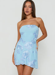 Meadow of Dreams Strapless Mini Dress Blue Floral Burnout