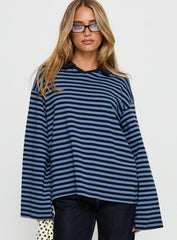 Settle Down Collared Long Sleeve Top Navy Stripe