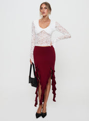 Peachey Asymmetric Ruffle Midi Skirt Burgundy