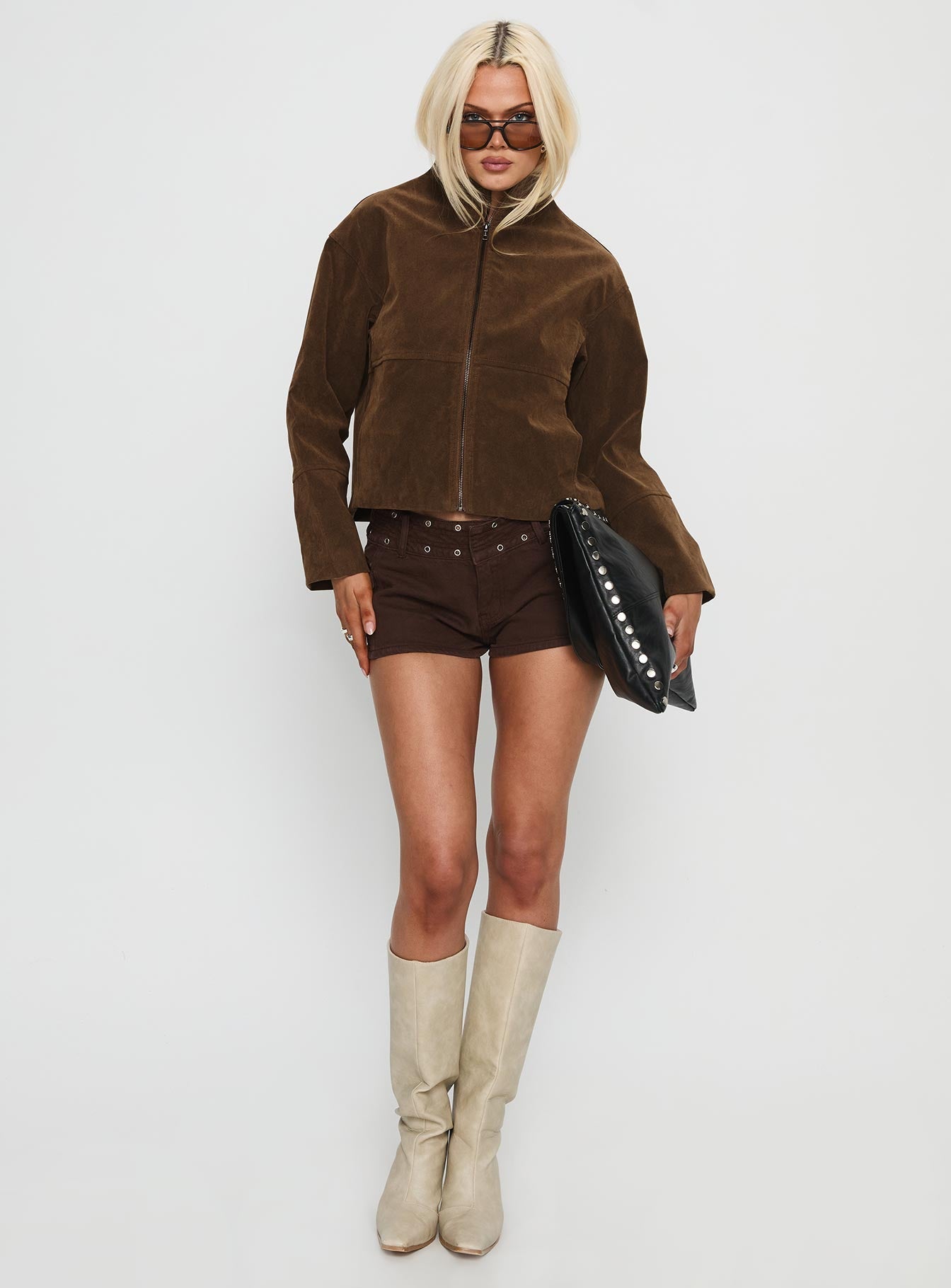Jessalynn Faux Suede Zip Through Jacket Brown