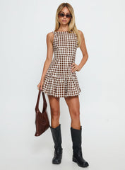 Kolbie Boat Neck Frill Mini Dress Brown Gingham