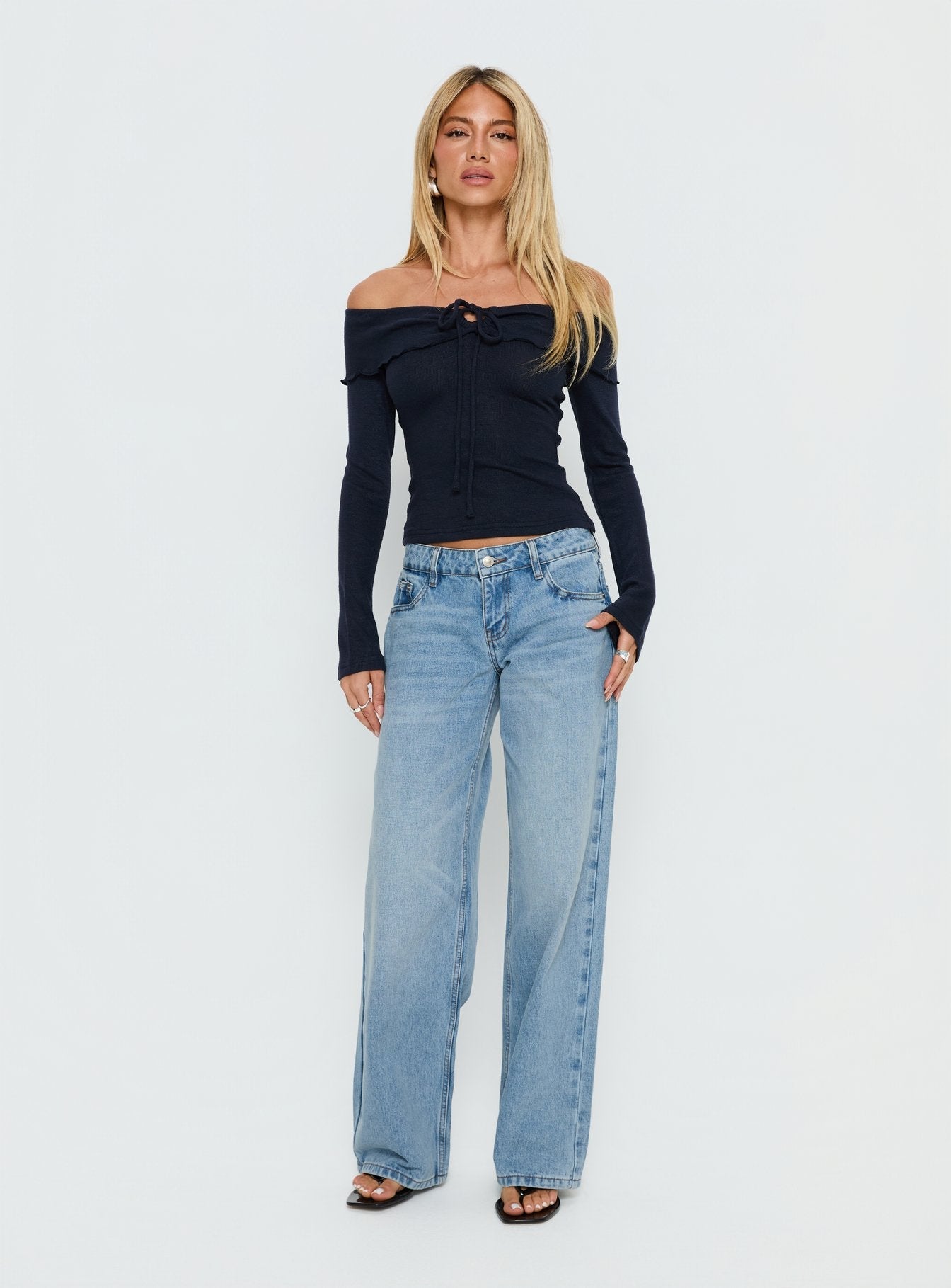 Sevanna Off Shoulder Long Sleeve Top Navy