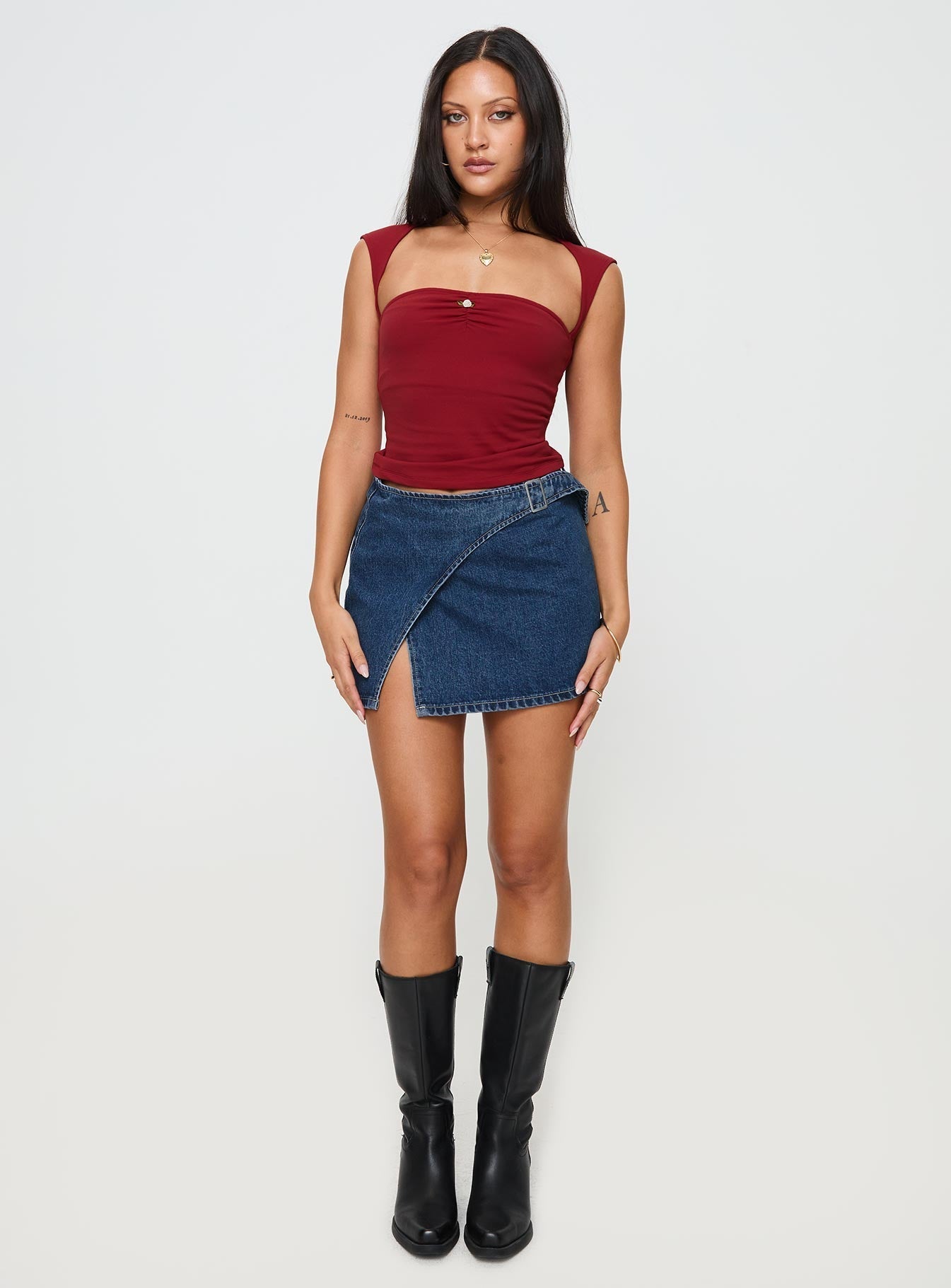 Wait Up Denim Wrap Mini Skirt Mid Wash Tall
