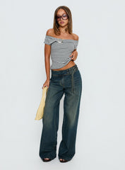 Kiela Off Shoulder Hardware Detail Top Grey / White Stripe