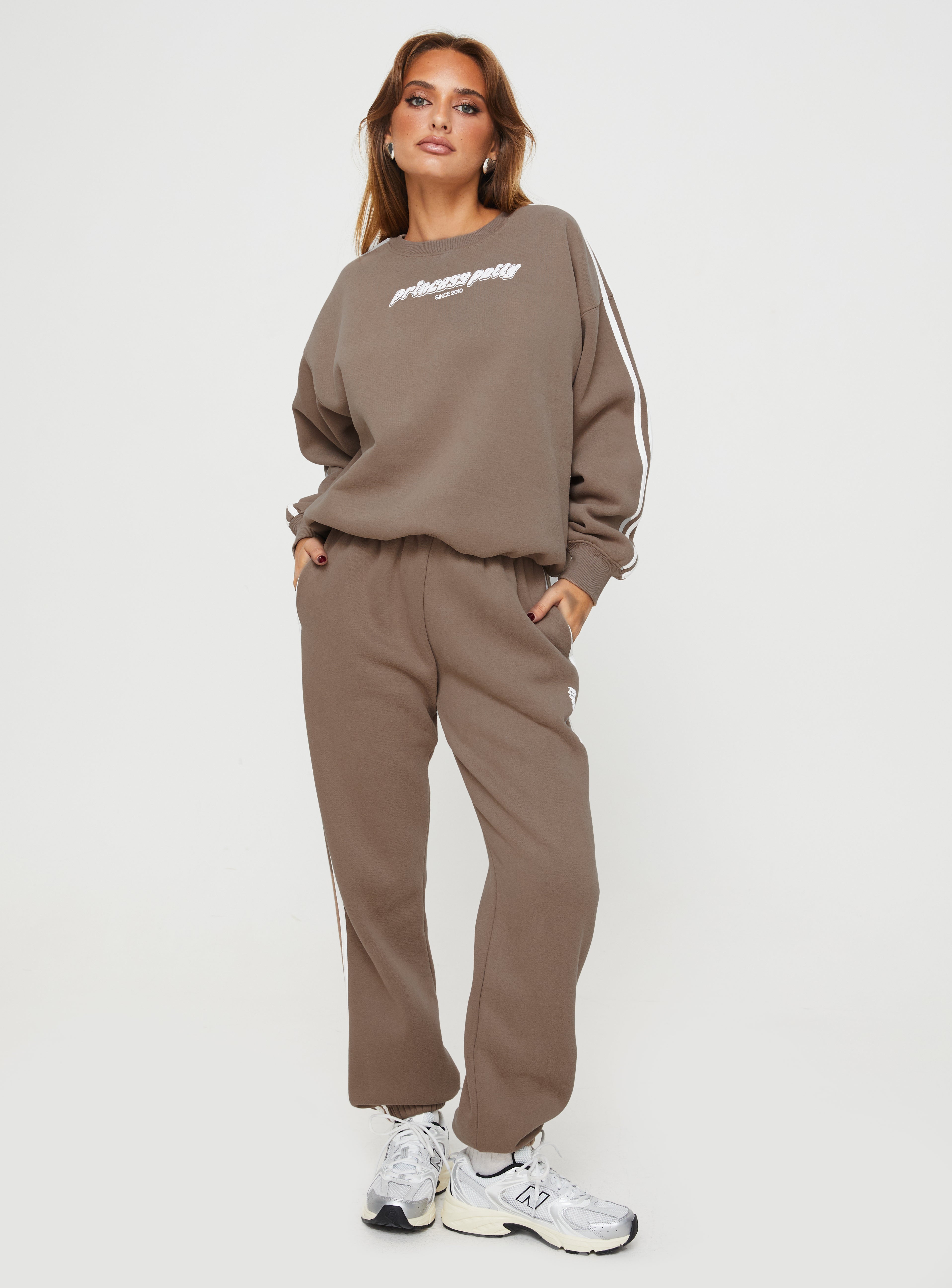 Princess Polly Crew Neck Sweatshirt Stripe Taupe / White