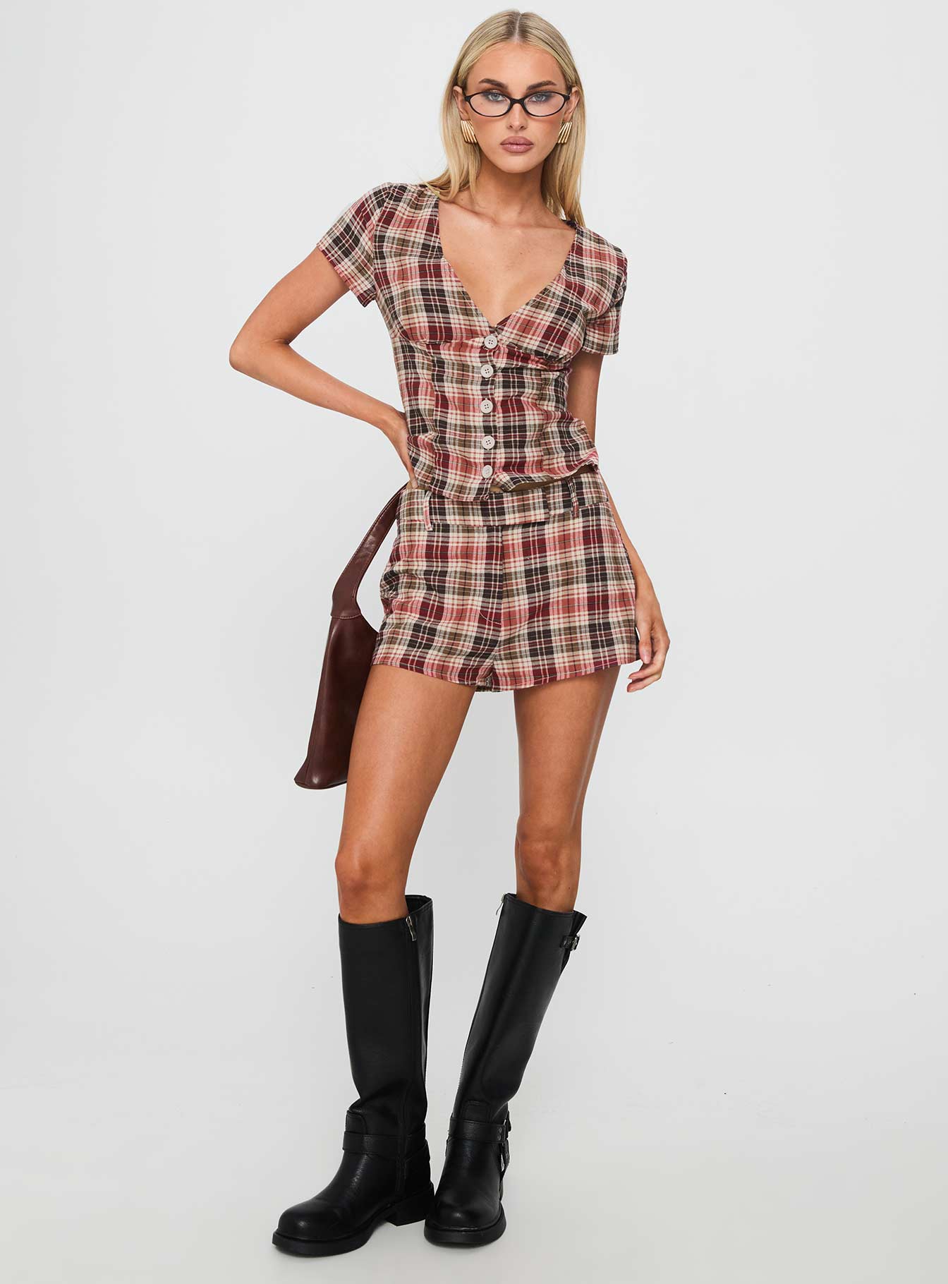 Odera Button Up Blouse Top Red Check