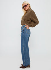 Saving Up Mid Rise Straight Leg Studded Jeans Mid Blue