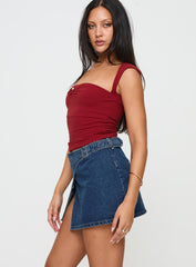Wait Up Denim Wrap Mini Skirt Mid Wash