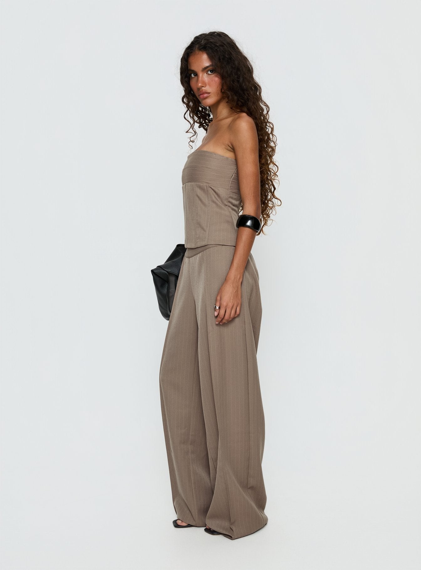 Madelle Strapless Tie Up Top Brown Pinstripe