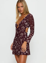 Raylena Long Sleeve V-neck Mini Dress Burgundy Floral
