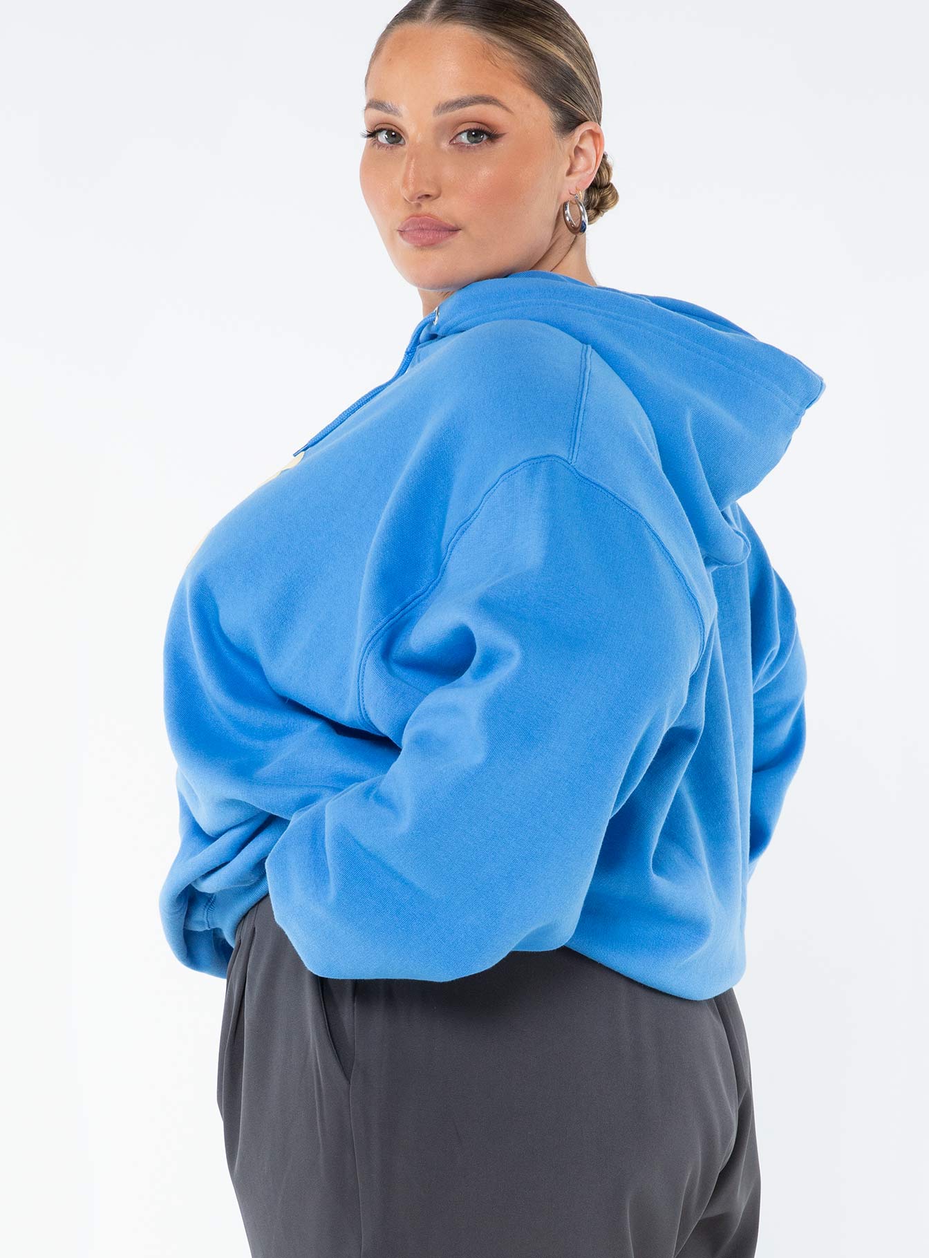 Princess Polly Hooded Sweatshirt Bubble Text Blue / Yellow Curve