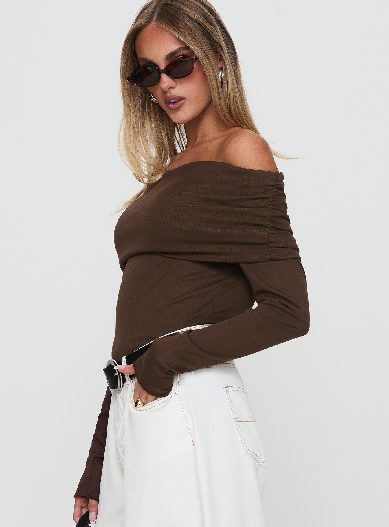 Spoilt Off The Shoulder Bodysuit Brown