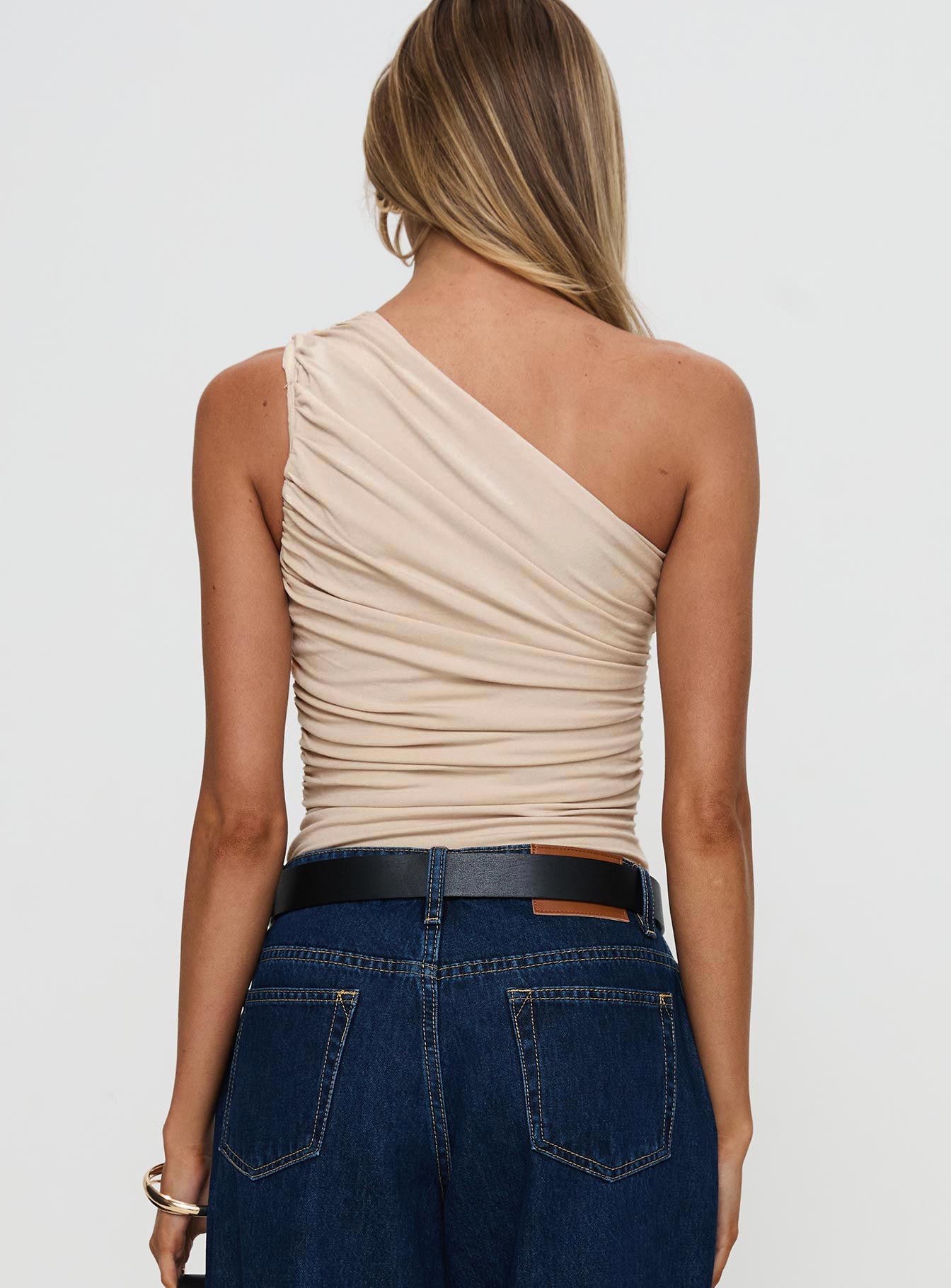 Heston Asymmetrical Ruched Bodysuit Beige