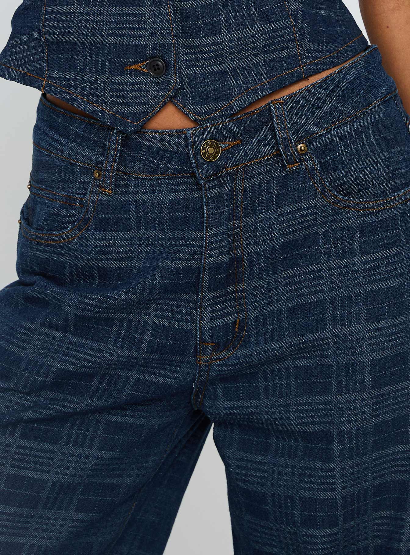 Top Model Low Rise Straight Leg Jeans Indigo Plaid