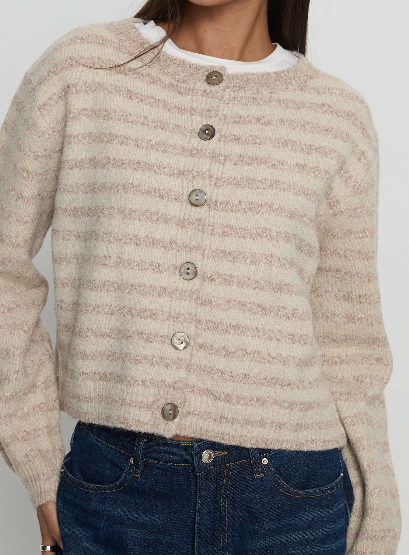 Raynna Button Up Cardigan Beige Stripe