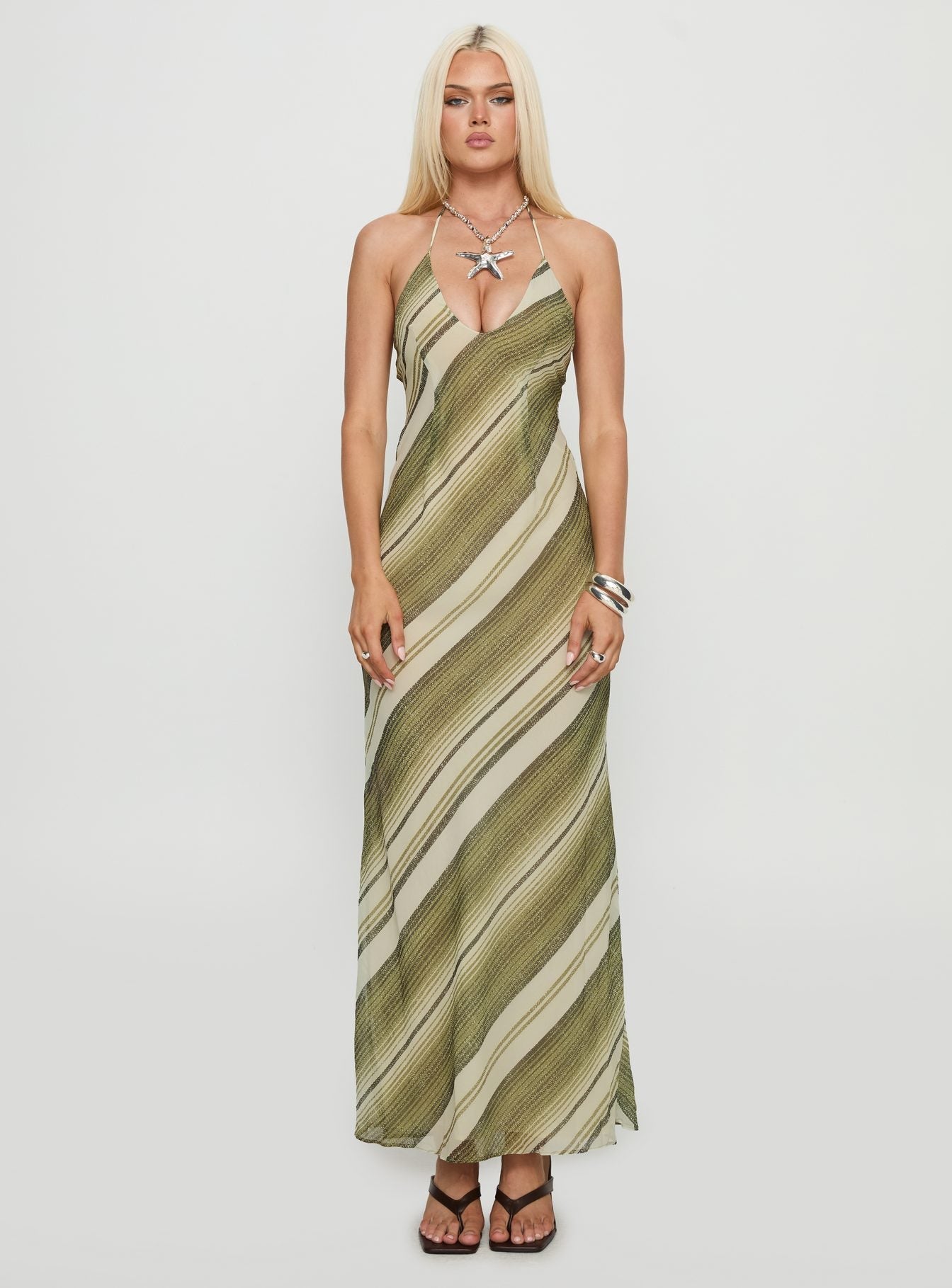 Esmira Halter Maxi Dress Green Stripe
