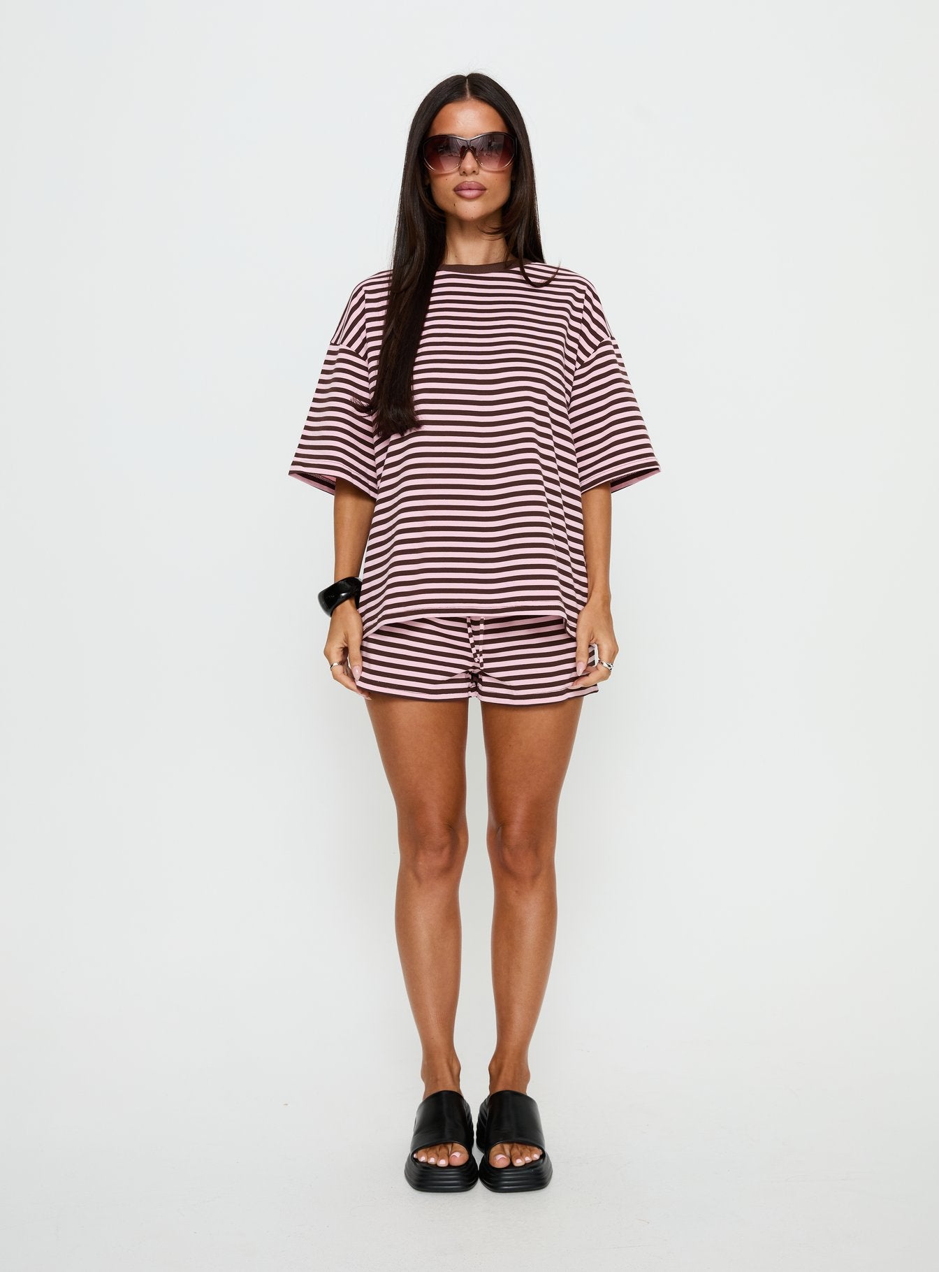 Settle Down Short Sleeve Top Pink / Brown Stripe