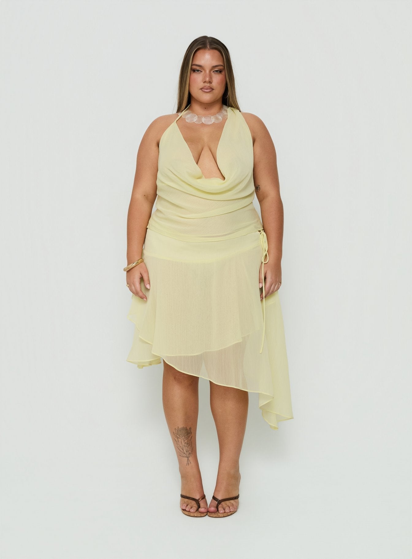 Evaleine Asymmetrical Chiffon Midi Skirt Baby Yellow Curve