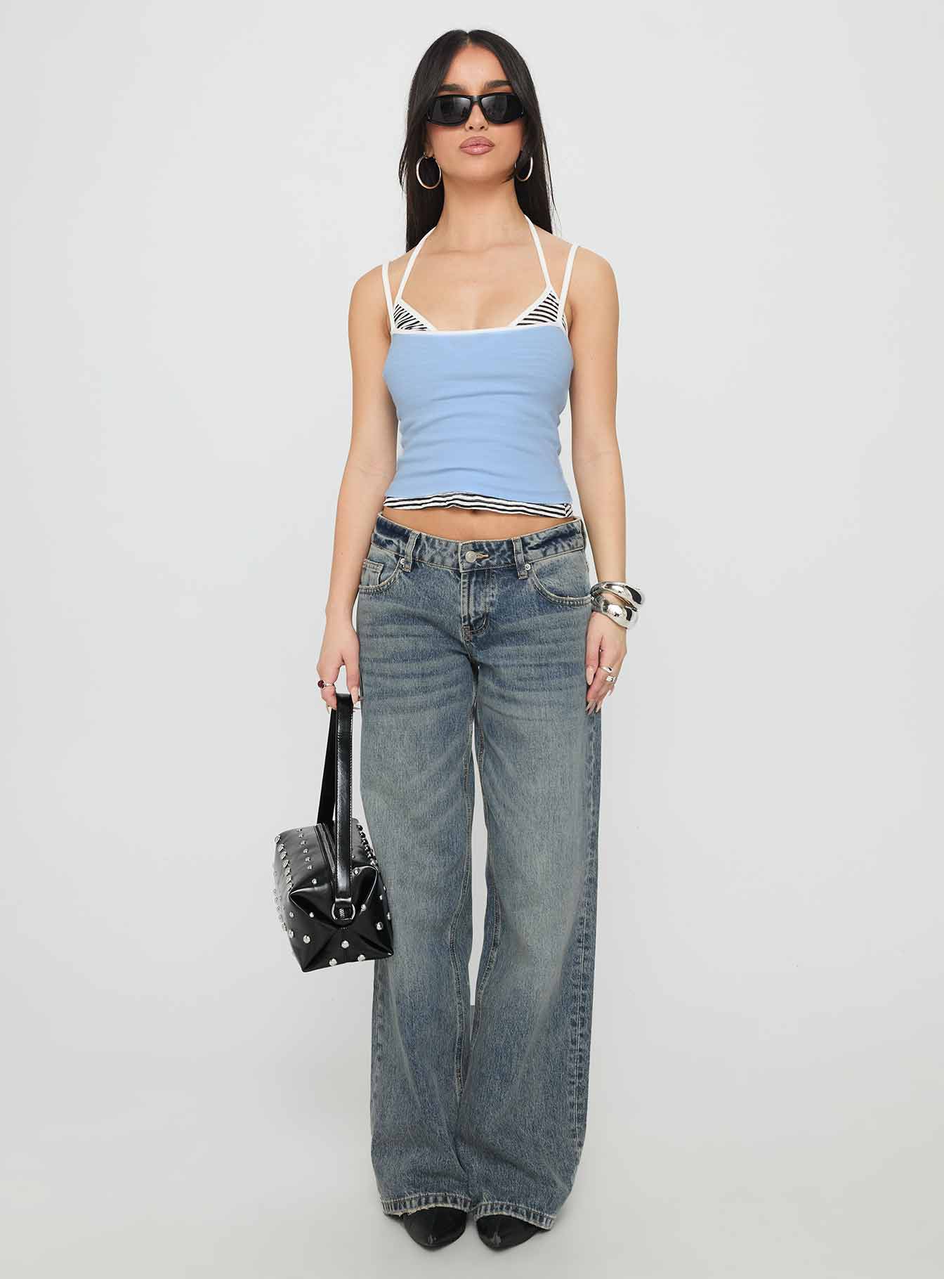 Franki Halter Layered Top Blue Multi Stripe