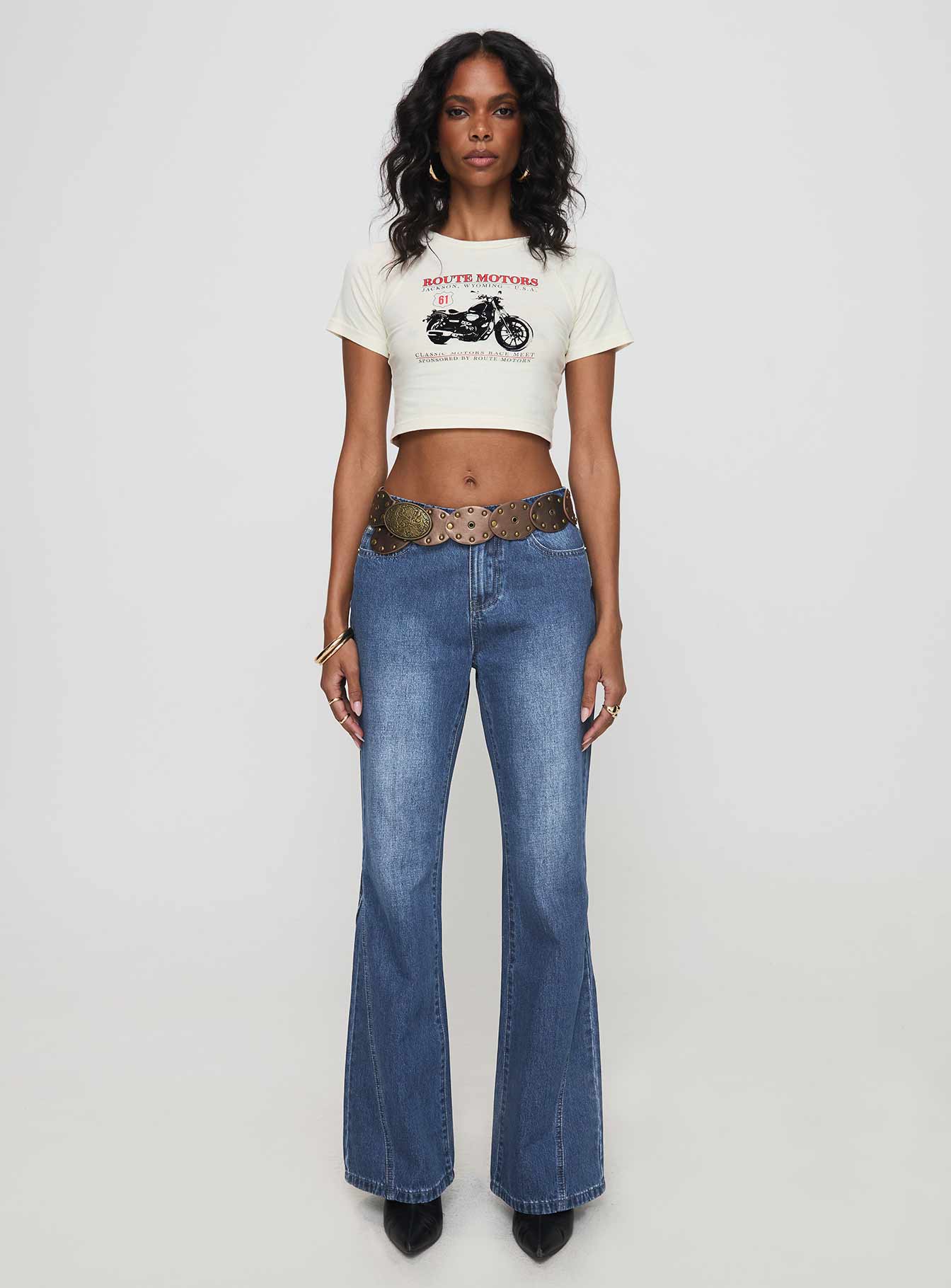 Leslee Mid Rise Flare Jean Mid Wash Blue
