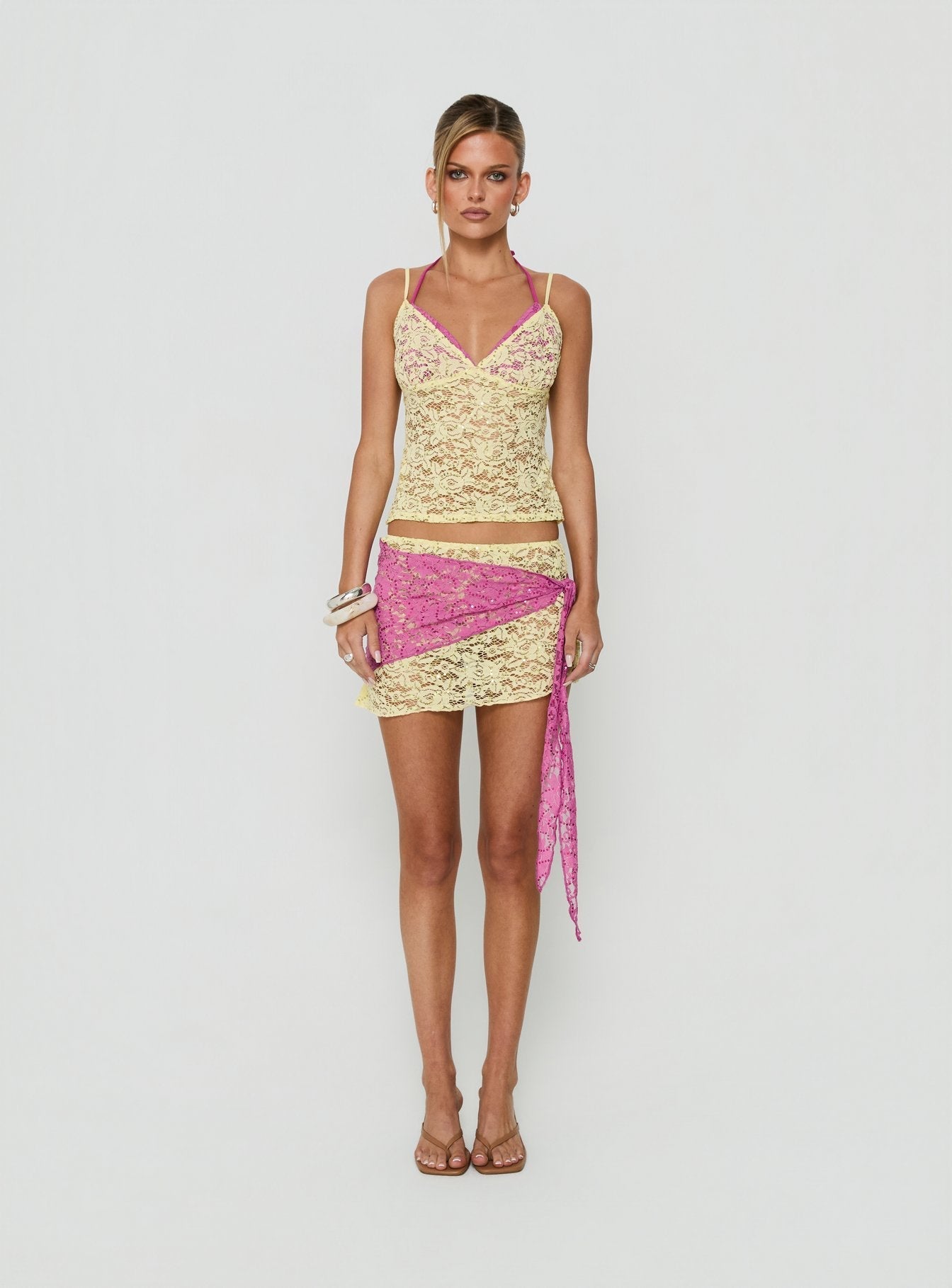 Sirna Lace Wrap Contrast Mini Skirt Lime / Pink