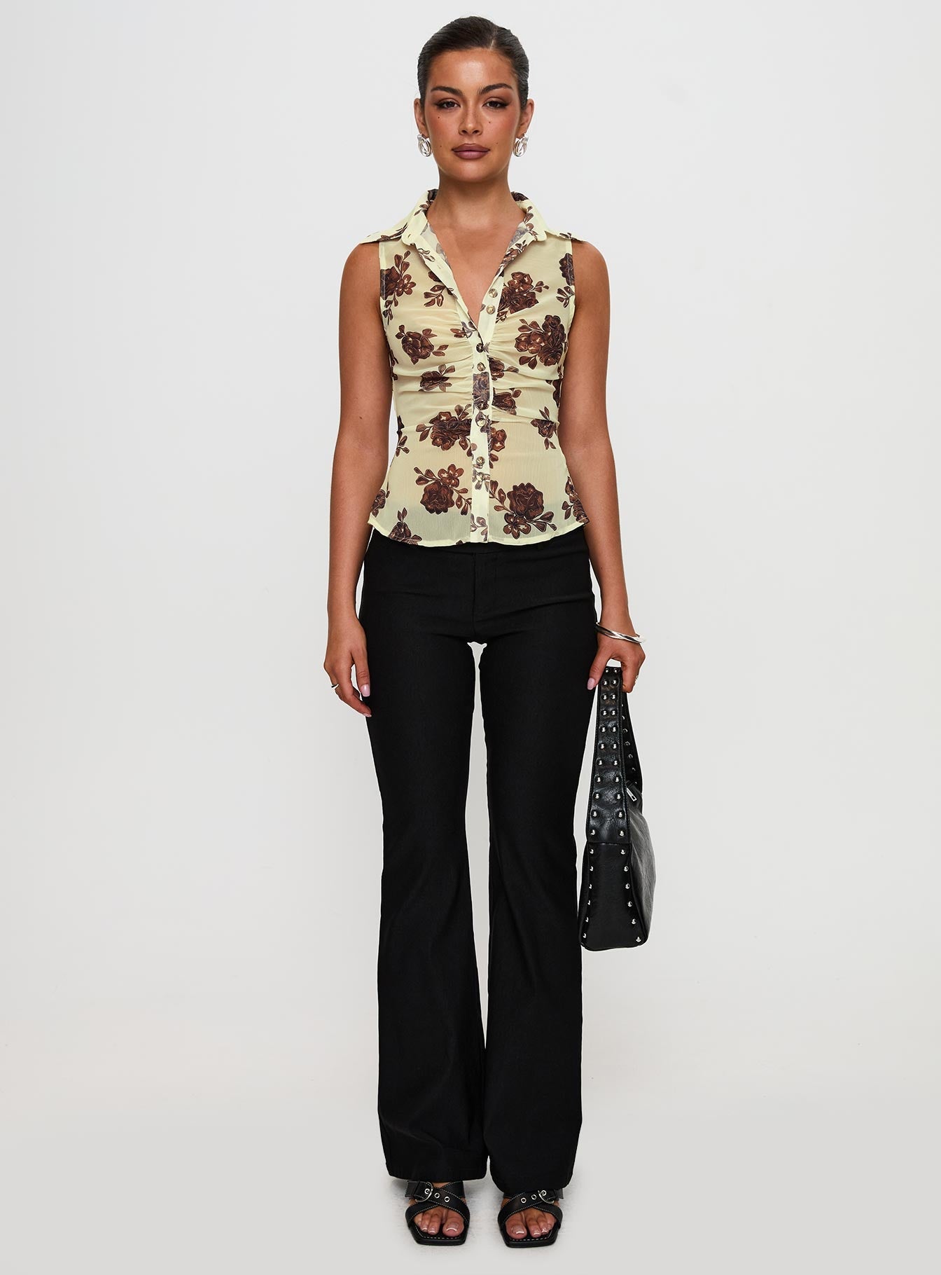 Present Tense Sheer Ruched Top Yellow Floral