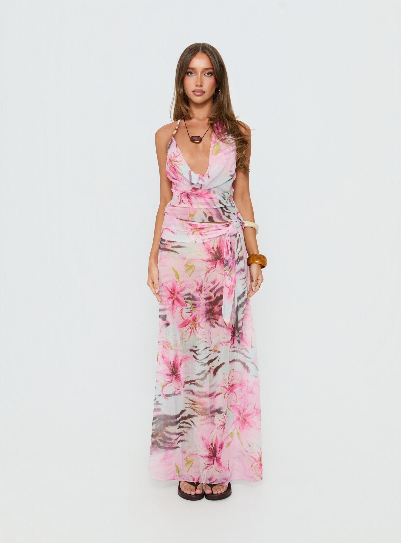 Distinction Halter Chiffon Top Pink Floral