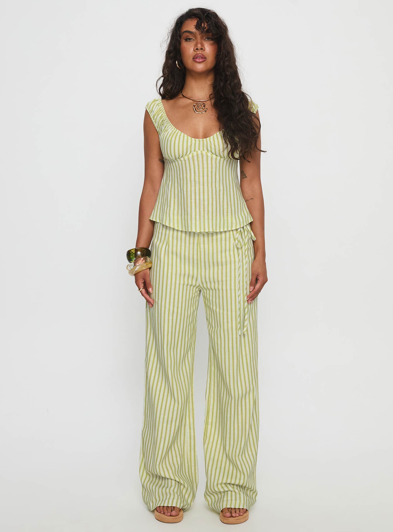 With Pleasure Puff Sleeve Linen Blouse Top Green / Blue Stripe
