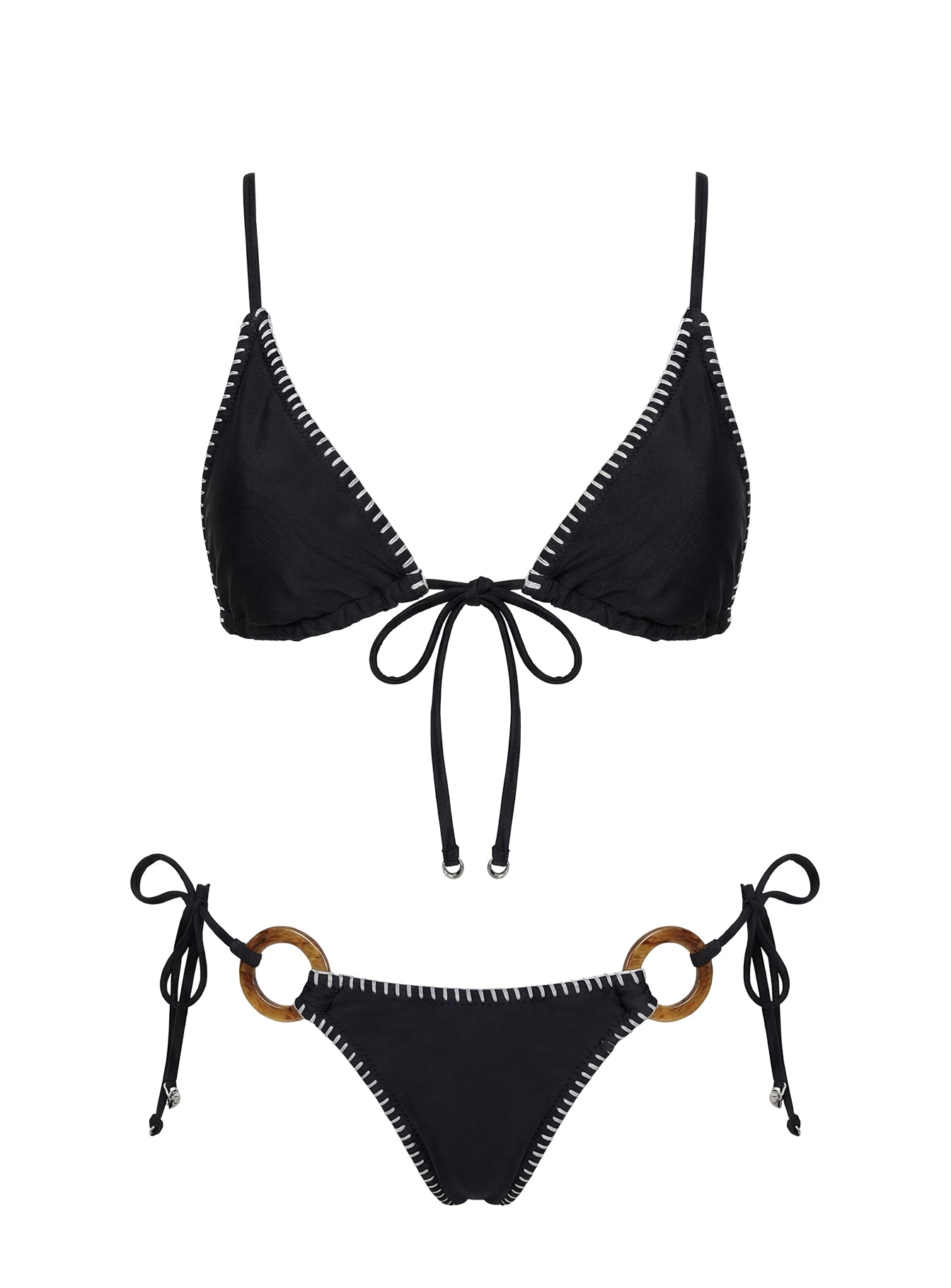 In The Sand Tie Front Ring Detail Bikini Top Black