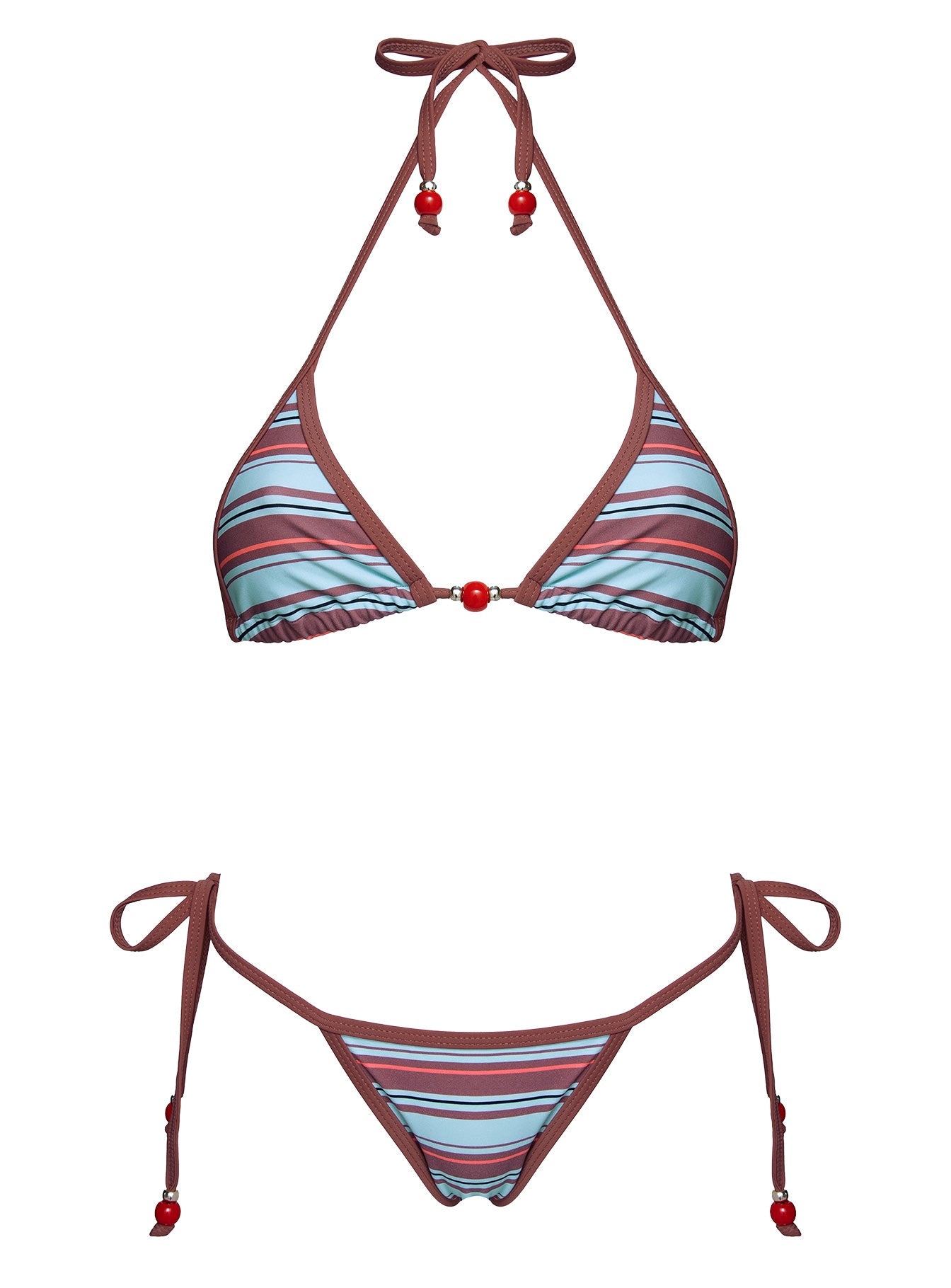 Mikaya Beaded Triangle Bikini Top Blue / Brown Stripe